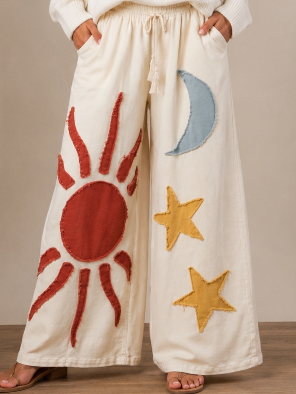 Cream Wide-Leg Appliqué Pants with Sun, Moon & Stars